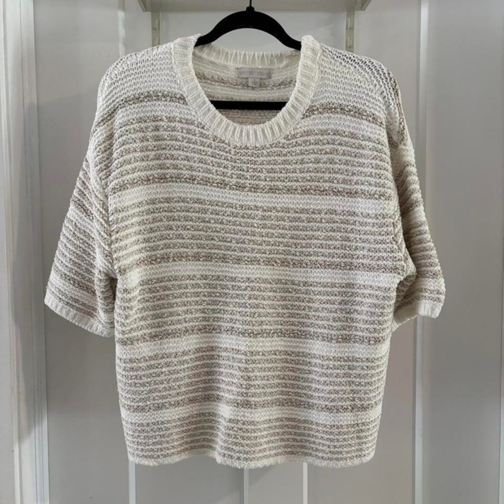 NWT S Barefoot Dream Cream beige Boucle Striped knit Pullover Sweater Costal Gma